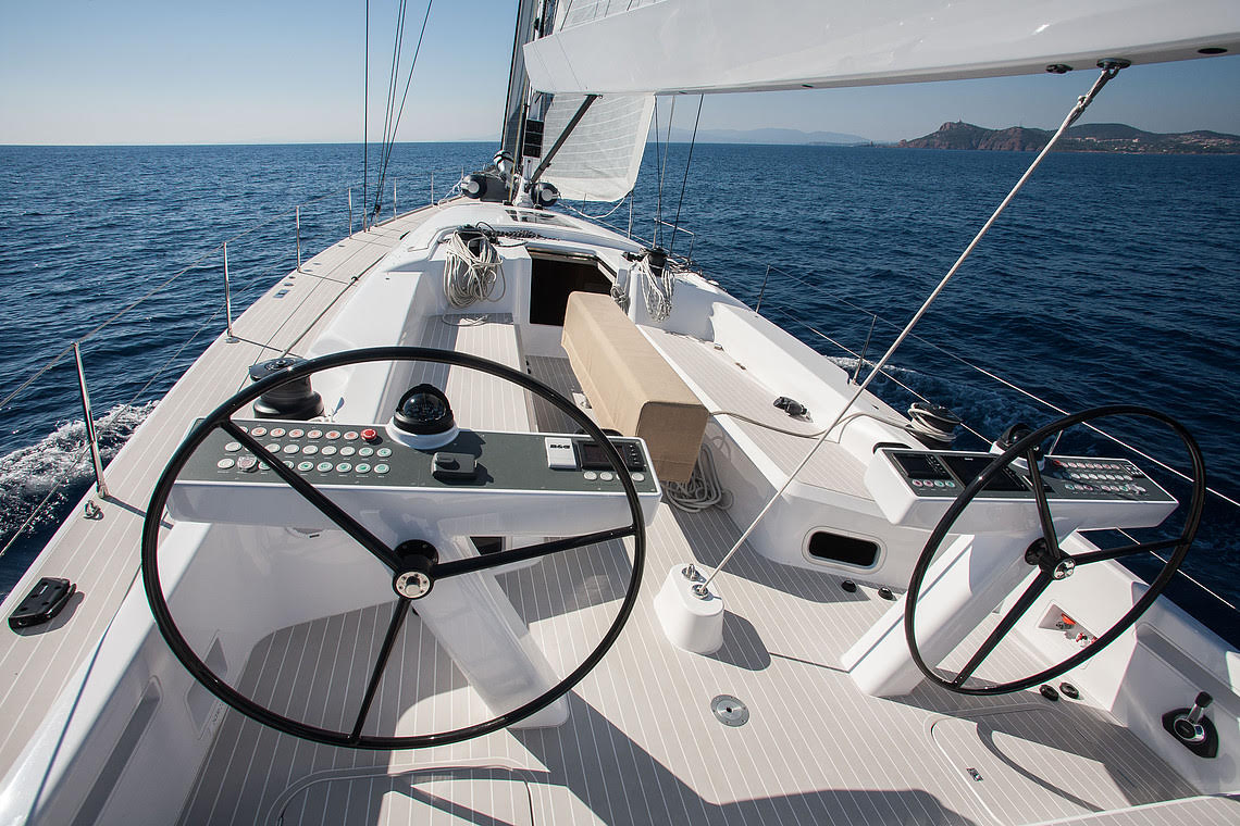 Twin helm stations on the deck of Flyer